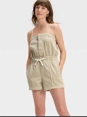 Women's Denim Beach Romper - Universal Thread Large Khaki Green